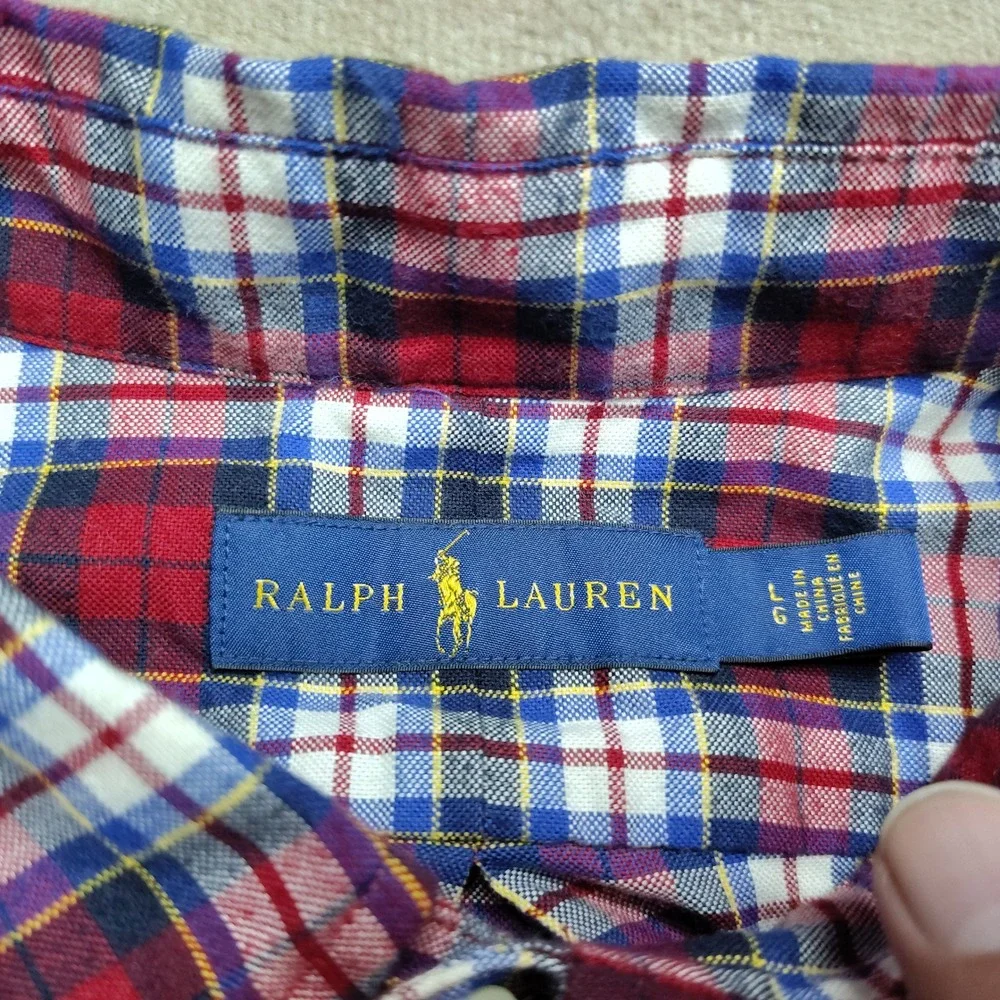 Ralph Lauren Button Down Shirt Mens Large Red Plaid Excellent Cotton Long Sleeve
